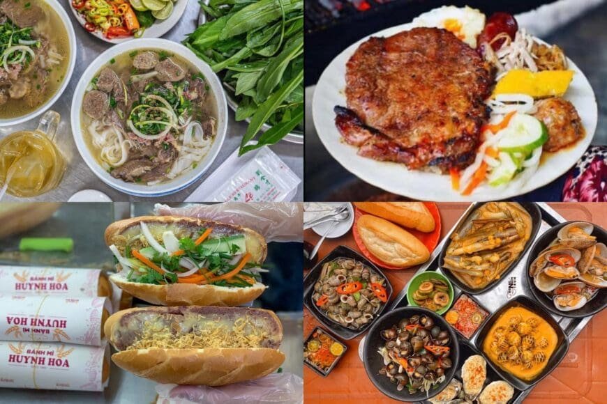 Các món ăn ngon ở Sài Gòn gồm phở bò, cơm tấm, bánh mì Huỳnh Hoa, và ốc hải sản hấp dẫn.