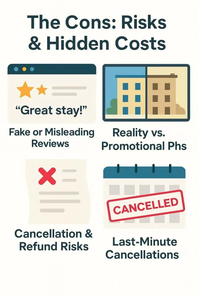 common risks of online hotel booking including fake reviews, misleading photos, strict cancellation policies, and last-minute cancellations