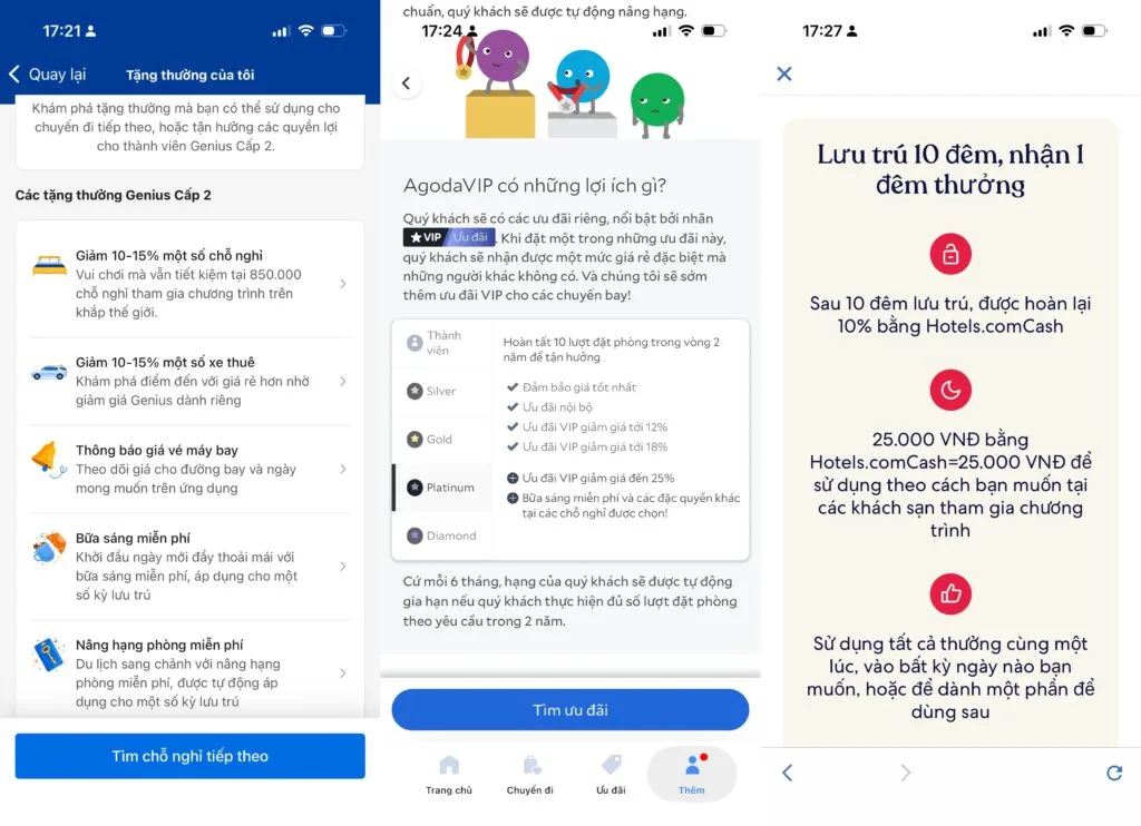 Ưu đãi thành viên trên Booking.com, Agoda và Hotels.com khi đặt phòng trực tuyến
