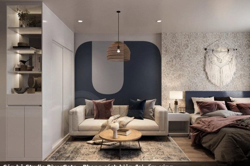 Căn hộ studio RiverGate thiết kế hiện đại với sofa và đèn trang trí