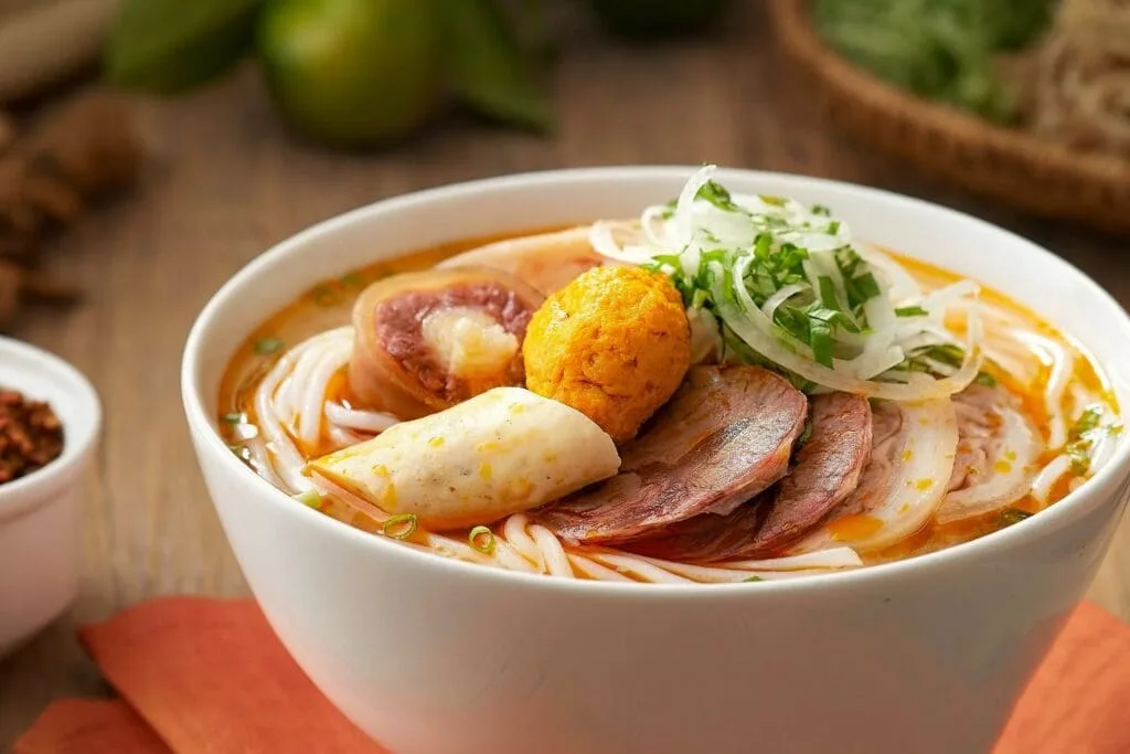 A bowl of Bun Bo Hue with beef slices, pork hock, herbs, and chili oil – Served at Com Nieu Saigon in Ho Chi Minh City