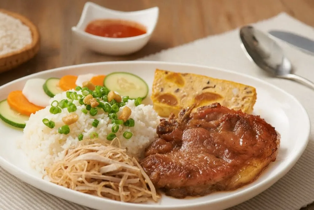 A plate of Vietnamese Com Tam with grilled pork chop, shredded pork skin, steamed egg meatloaf, pickled vegetables, and broken rice – served at Com Nieu Saigon