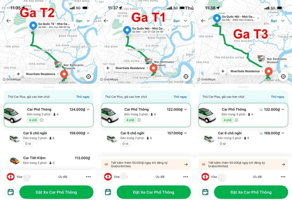 Giá GrabCar từ ga T1, T2 và T3 sân bay Tân Sơn Nhất đến RiverGate Residence Quận 4