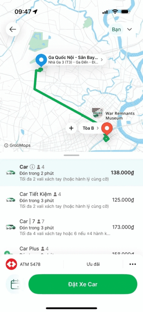 Screenshot of GrabCar fare from Tan Son Nhat Airport to RiverGate Residence in 2025, showing various car options and estimated prices