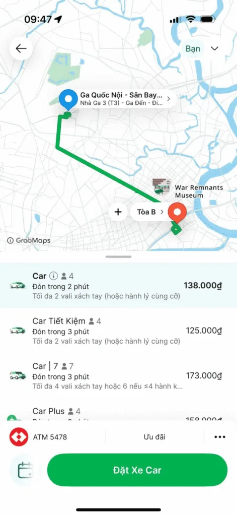 Screenshot of GrabCar fare from Tan Son Nhat Airport to RiverGate Residence in 2025, showing various car options and estimated prices