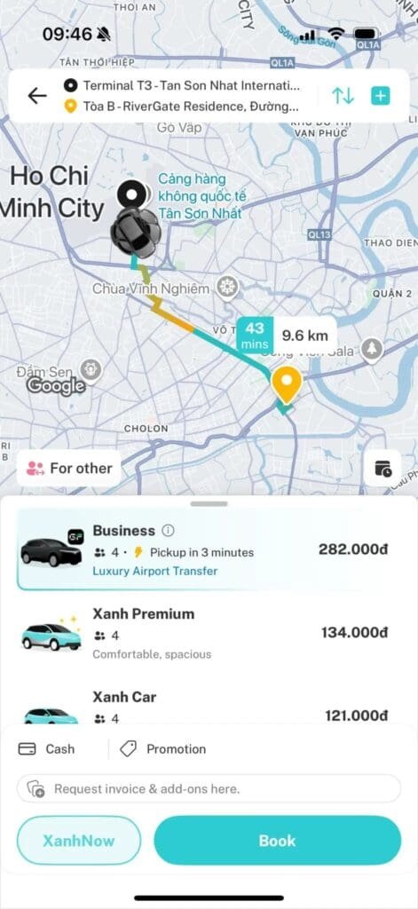 Green SM fare from Tan Son Nhat Airport to RiverGate Residence in 2025, showing Business, Premium, and Standard EV ride options