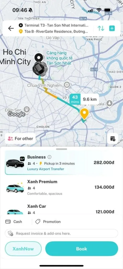 Green SM fare from Tan Son Nhat Airport to RiverGate Residence in 2025, showing Business, Premium, and Standard EV ride options