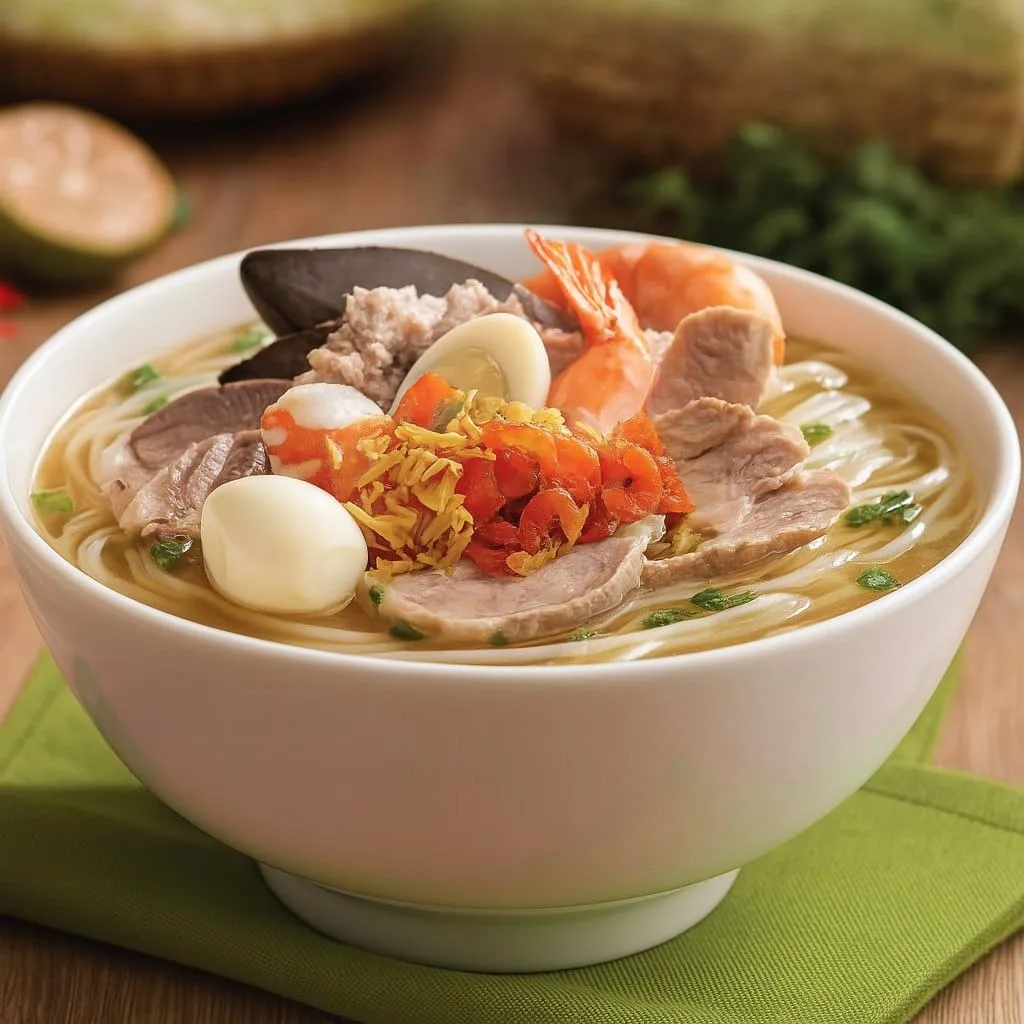 A bowl of Hu Tieu noodle soup topped with pork slices, shrimp, quail eggs, minced meat, and dried shrimp – served at Com Nieu Saigon in Ho Chi Minh City