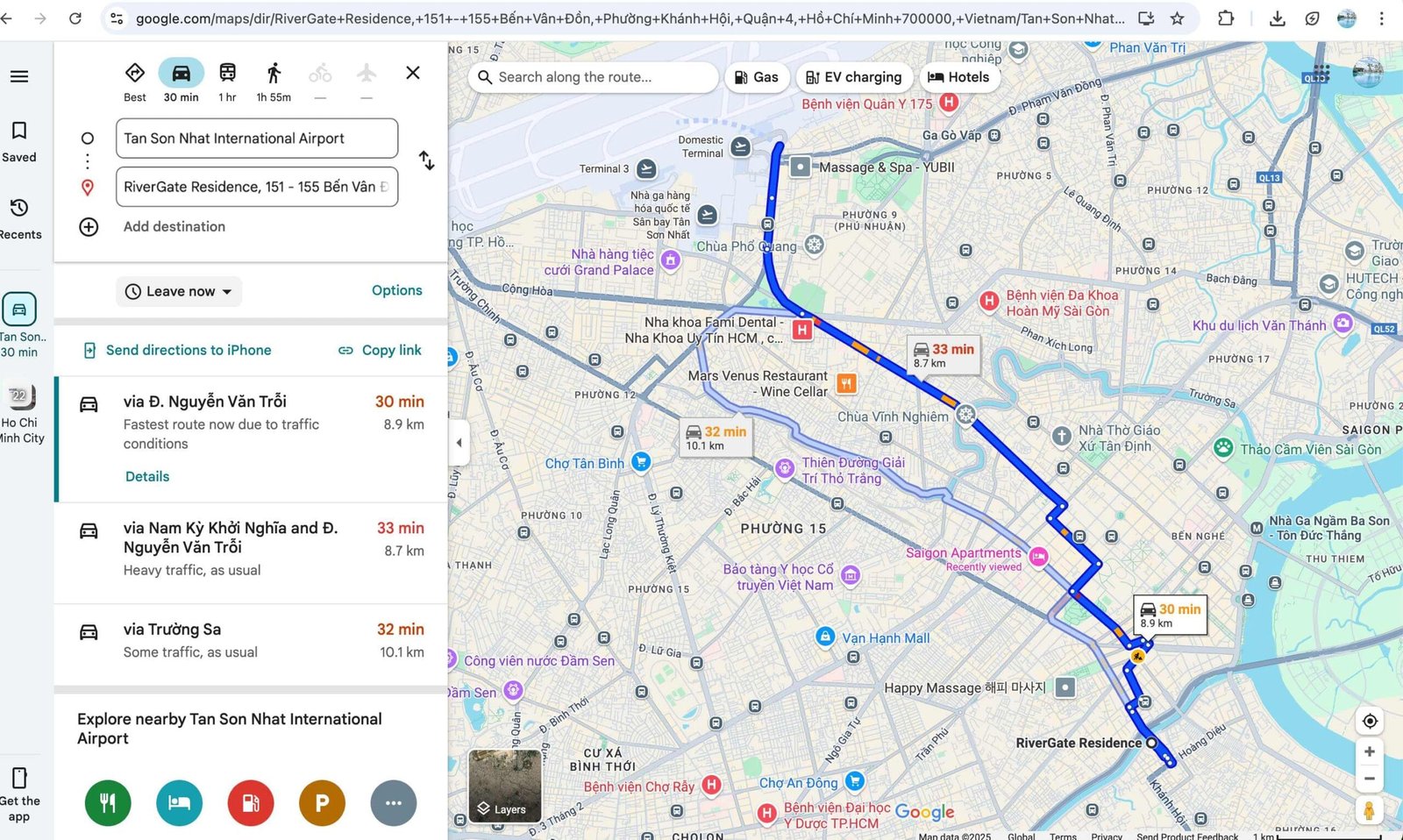 Real-time map directions from Tan Son Nhat International Airport to RiverGate Residence in Ho Chi Minh City, showing fastest driving routes and traffic conditions.