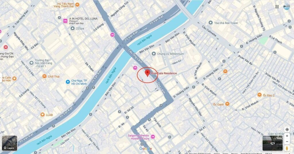 Map showing the location of RiverGate Residence at 151–155 Ben Van Don Street, District 4, Ho Chi Minh City