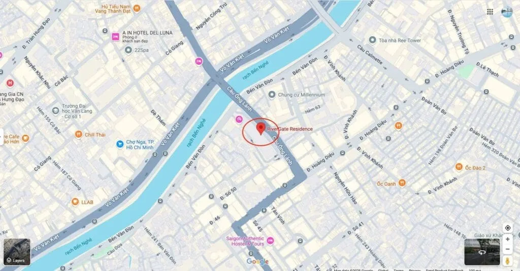 Map showing the location of RiverGate Residence at 151–155 Ben Van Don Street, District 4, Ho Chi Minh City