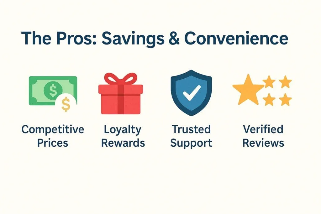 Infographic showing key benefits of online hotel booking in 2025, including competitive prices, loyalty rewards, trusted support, and verified guest reviews.