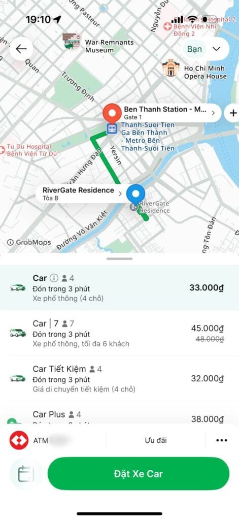 Bản đồ hướng dẫn đặt GrabCar từ RiverGate Residence đến Ga Metro Bến Thành