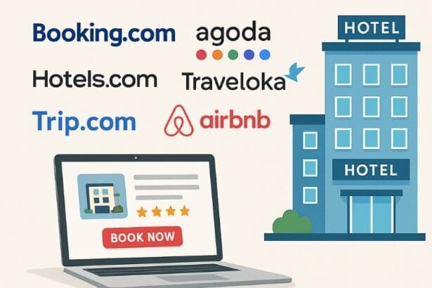 Illustration of online hotel booking in 2025, showing logos of OTA platforms like Booking.com, Agoda, Airbnb, and a laptop with a 'Book Now' button next to a hotel building