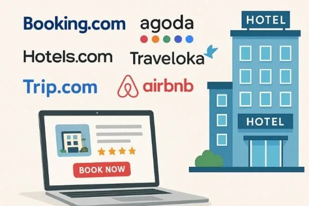 Illustration of online hotel booking in 2025, showing logos of OTA platforms like Booking.com, Agoda, Airbnb, and a laptop with a 'Book Now' button next to a hotel building