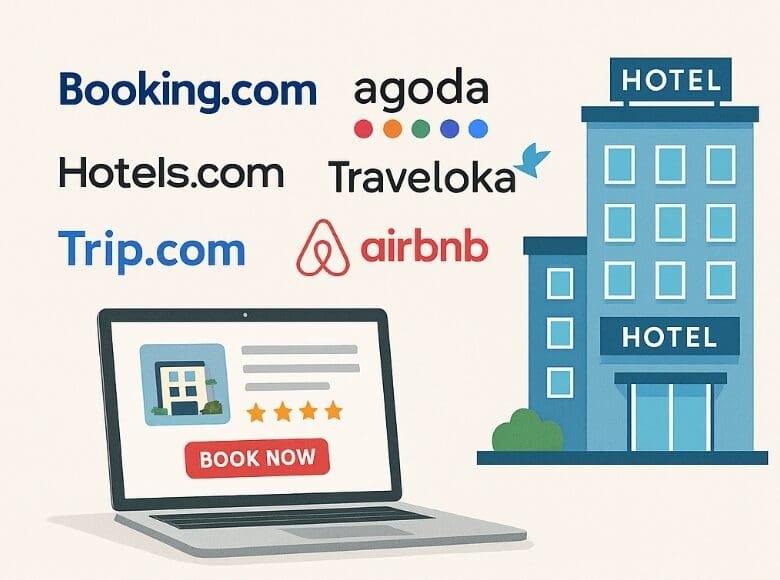 Illustration of online hotel booking in 2025, showing logos of OTA platforms like Booking.com, Agoda, Airbnb, and a laptop with a 'Book Now' button next to a hotel building