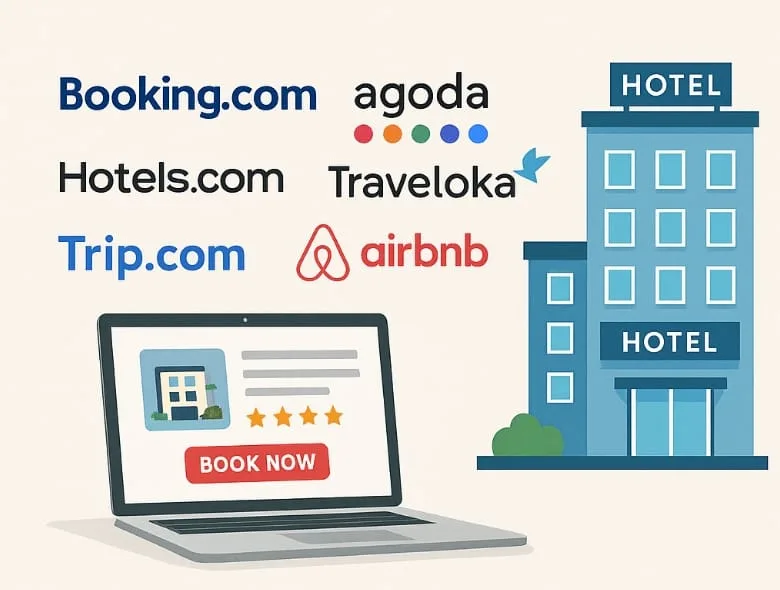 Illustration of online hotel booking in 2025, showing logos of OTA platforms like Booking.com, Agoda, Airbnb, and a laptop with a 'Book Now' button next to a hotel building