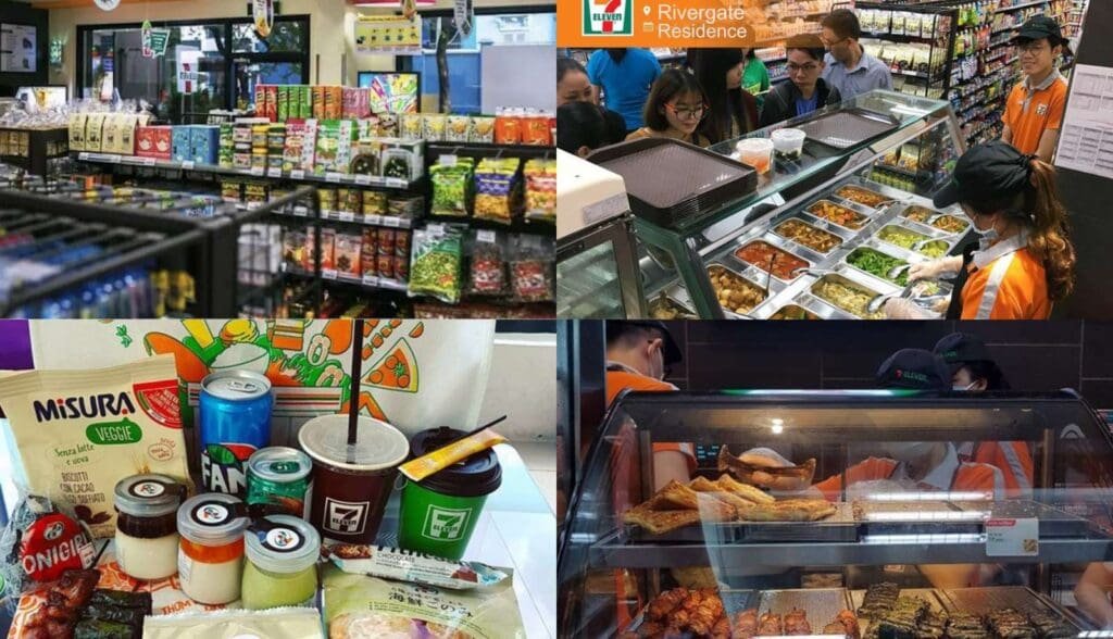 Inside 7-Eleven at RiverGate Residence showing ready-to-eat meals, drinks, and daily essentials in District 4 Ho Chi Minh City