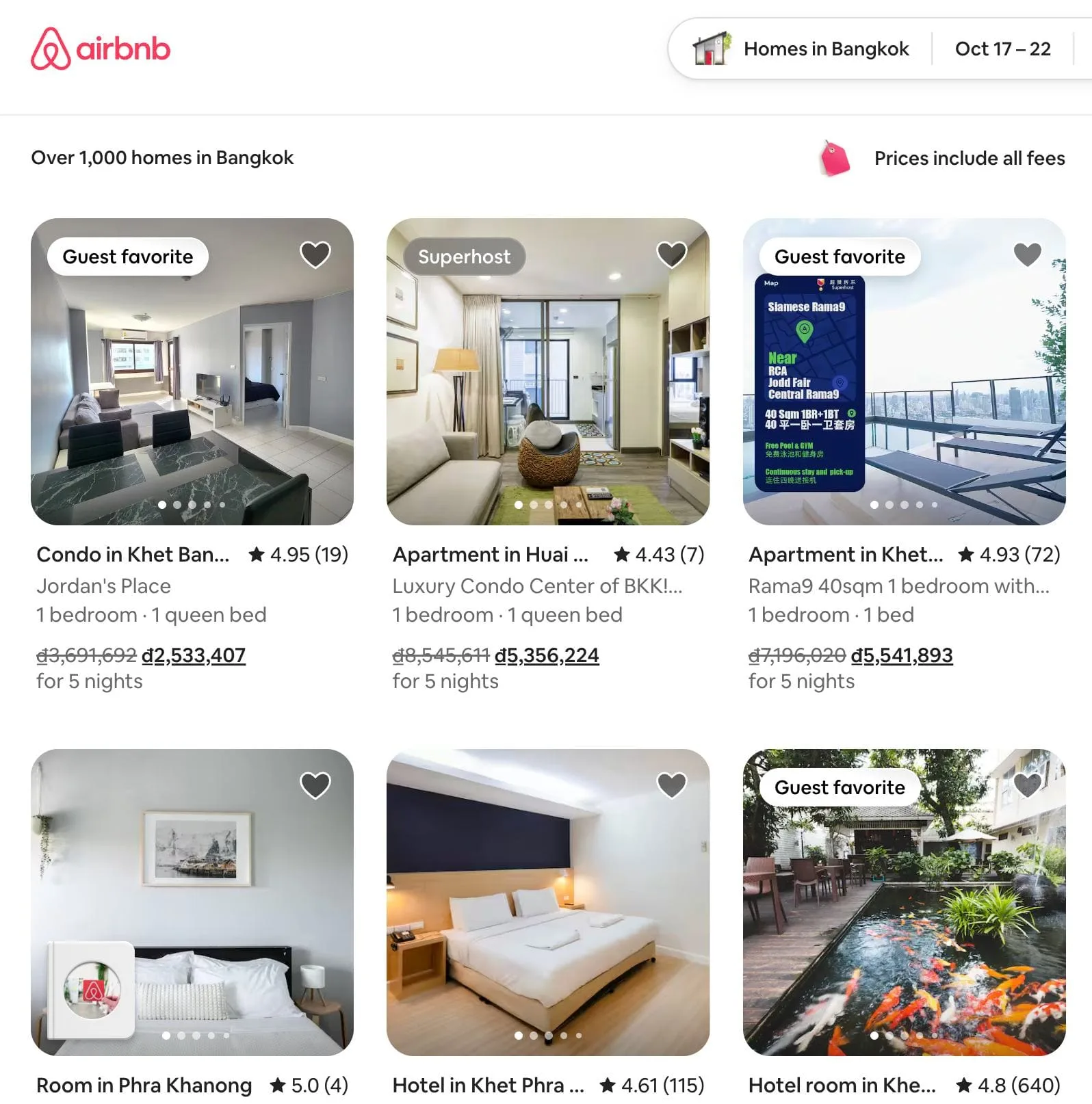 Giao diện tìm kiếm căn hộ Airbnb tại Bangkok hiển thị bản đồ và giá thuê – minh họa cho mô hình cho thuê căn hộ ngắn hạn phổ biến trên nền tảng trực tuyến