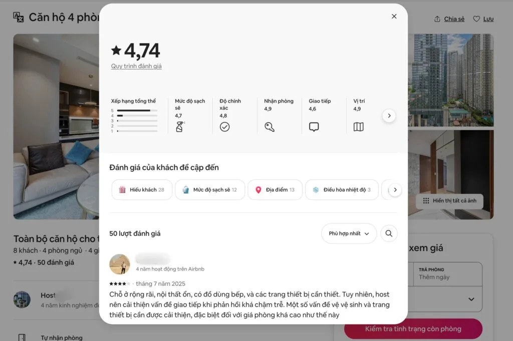 Ảnh minh họa hệ thống đánh giá minh bạch trên Airbnb giúp khách thuê RiverGate Residence tham khảo phản hồi thực tế trước khi đặt phòng