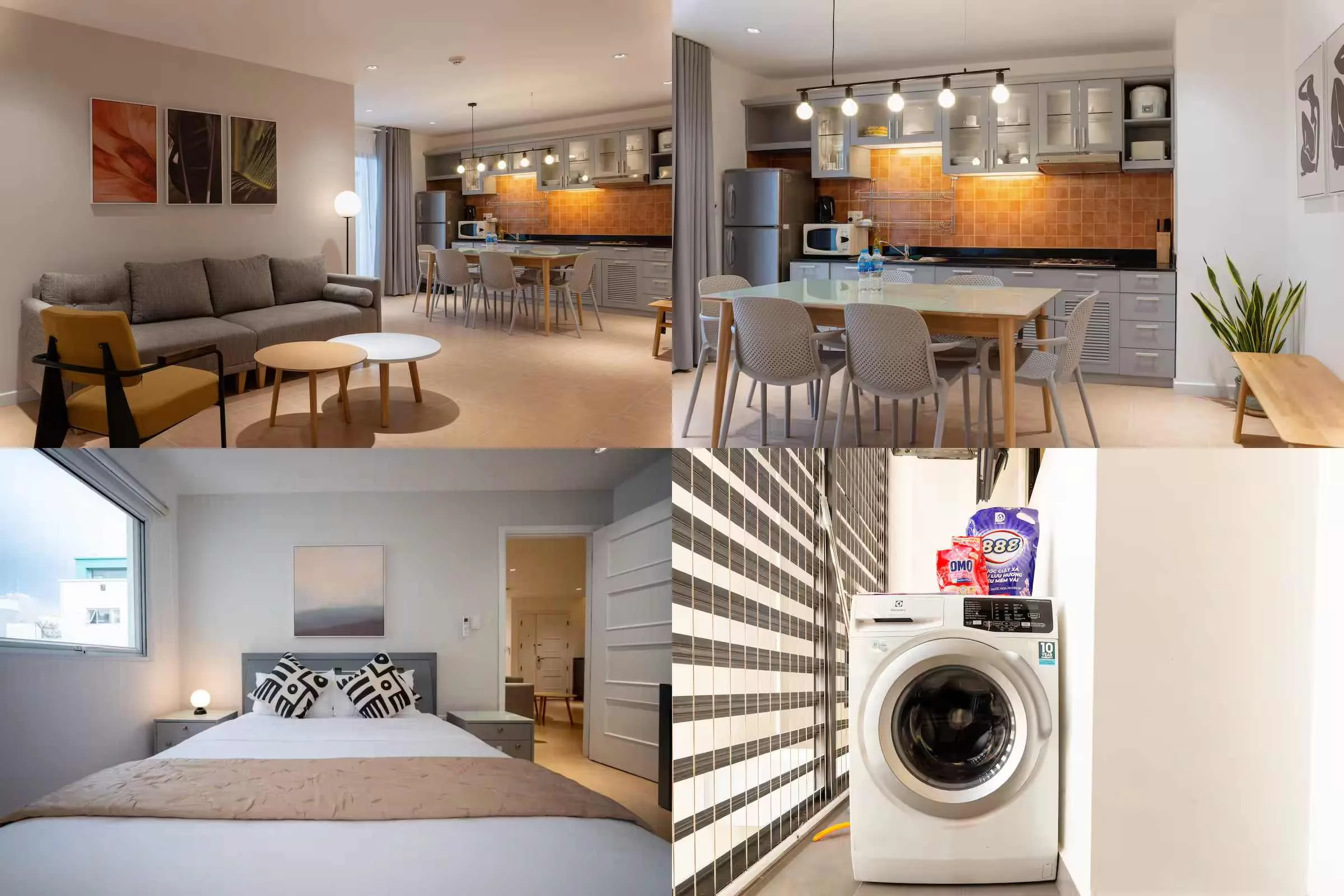 Không gian căn hộ Airbnb được trang bị đầy đủ tiện nghi sinh hoạt gồm phòng khách, bếp, phòng ngủ và máy giặt – mang lại cảm giác như ở nhà cho du khách