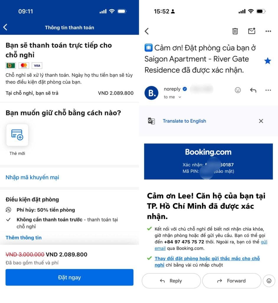 Bước cuối cùng là đặt phòng và nhận mã xác nhận từ Booking.com