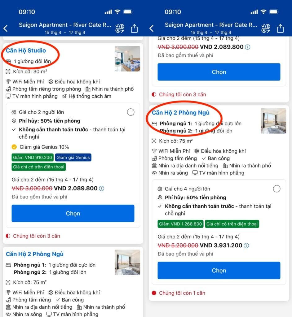 Chọn ngày, chọn loại căn hộ studio, 2 phòng ngủ hoặc 3 phòng ngủ rivergate residence trên booking.com