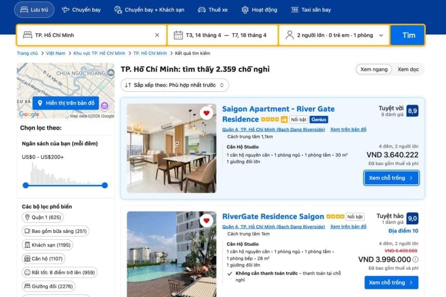 Hướng dẫn đặt/thuê căn hộ Rivergate residence theo ngày trên booking.com