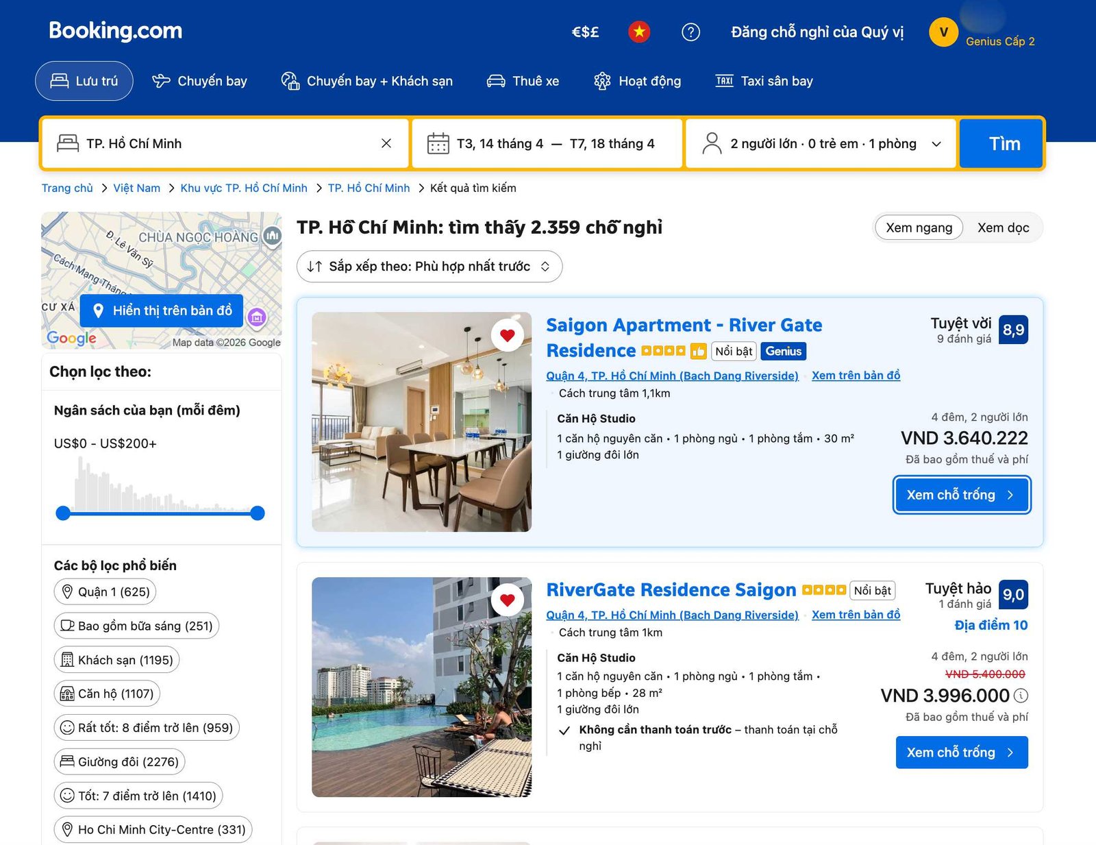 Hướng dẫn đặt/thuê căn hộ Rivergate residence theo ngày trên booking.com