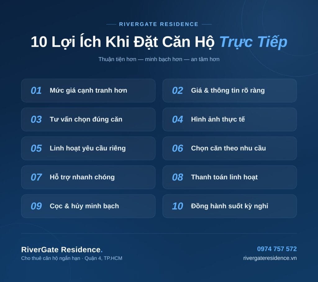 Infographic 10 lợi ích khi đặt căn hộ trực tiếp tại RiverGate Residence Quận 4
