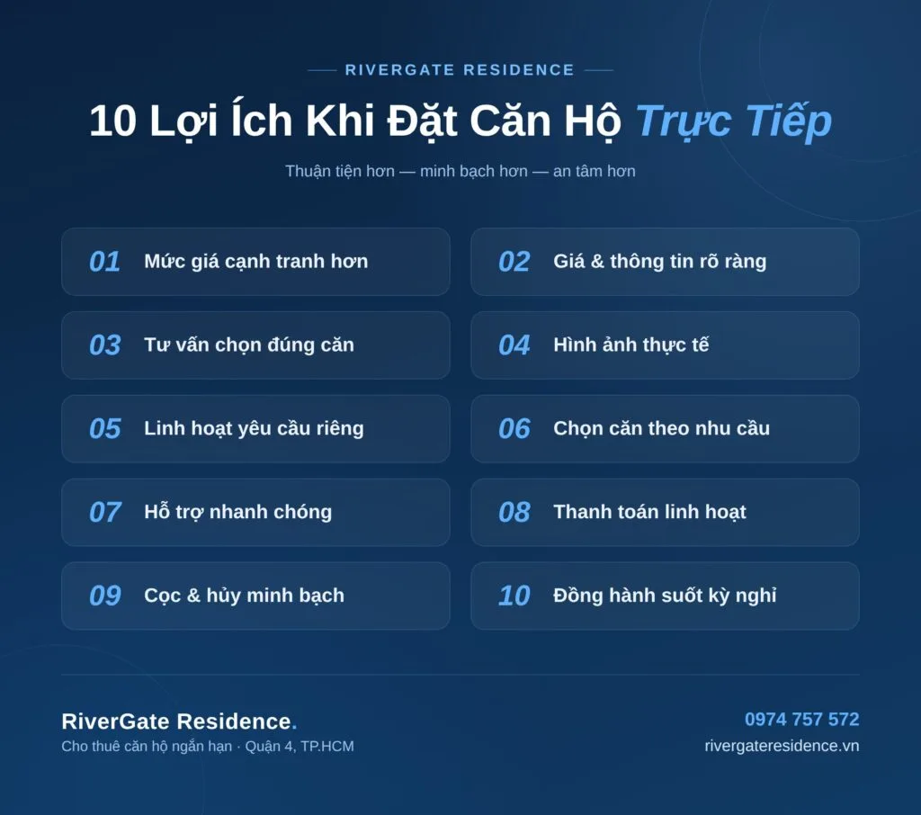 Infographic 10 lợi ích khi đặt căn hộ trực tiếp tại RiverGate Residence Quận 4