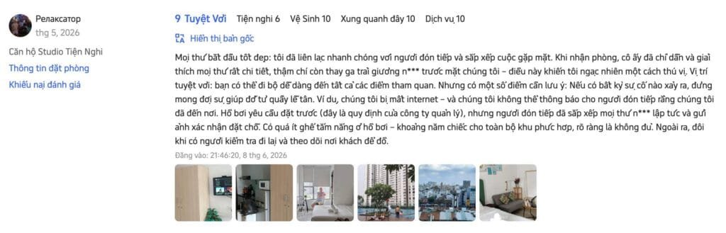Đánh giá 9 trên 10 của khách lưu trú tại RiverGate Residence trên Trip.com tháng 6 năm 2026 về dịch vụ hỗ trợ nhận phòng và vị trí thuận tiện